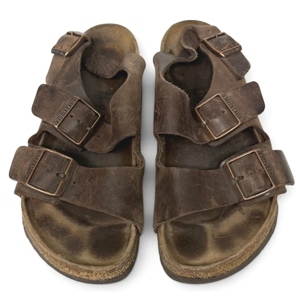 Birkenstock Sandals Women 37 Brown Milano Oiled Leather Backstrap Comfort Buckle - Picture 3 of 11